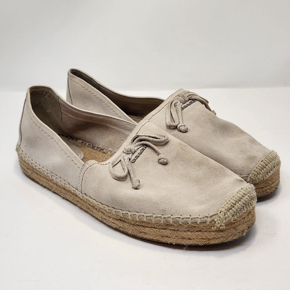 Coach Women Rae Cream Suede Espadrille Flats Size 9B Slip On Shoes Casual Bow